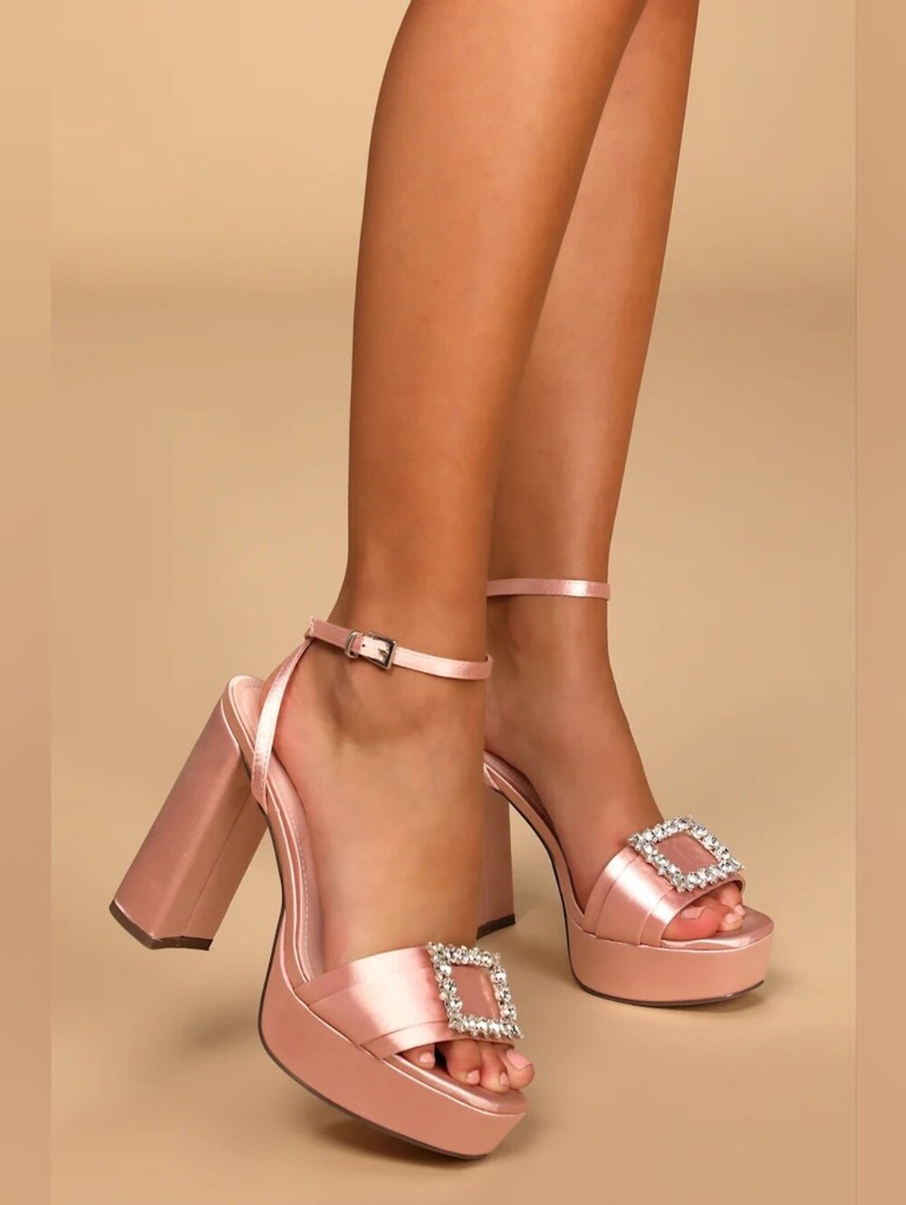 Lulus Konny Blush Satin Rhinestone Platform Block Heels Sz 7.5 CC